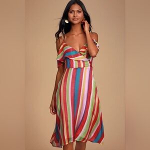 Lulu's Yacht Rock Red Multi Striped Off-the-Shoulder Midi Dress XL